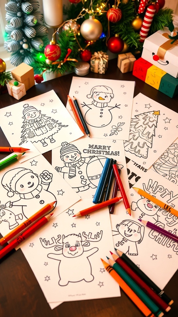 A table with Christmas coloring pages featuring a tree, Santa, snowman, and reindeer, surrounded by coloring supplies.